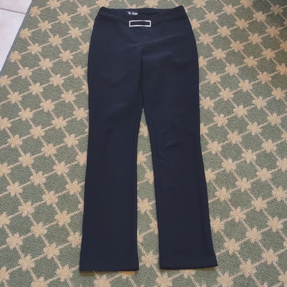 Women's Black Retro Look Stretch Leggings Mock Belted Front Silver Buckle SZ S/M